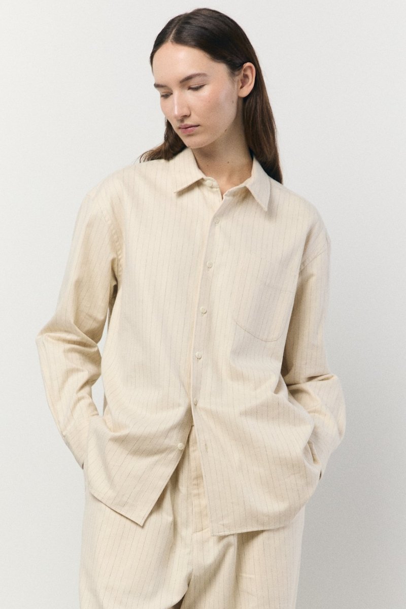 Regular Collar Shirt in Ecru Stripe - Soochie - Yoko Sakamoto